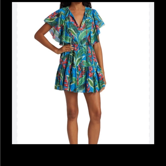 Farm Rio Dream Garden Mini Dress Ruffle Tassel Tie size Small in Blue Swiss Dot - Picture 2 of 12